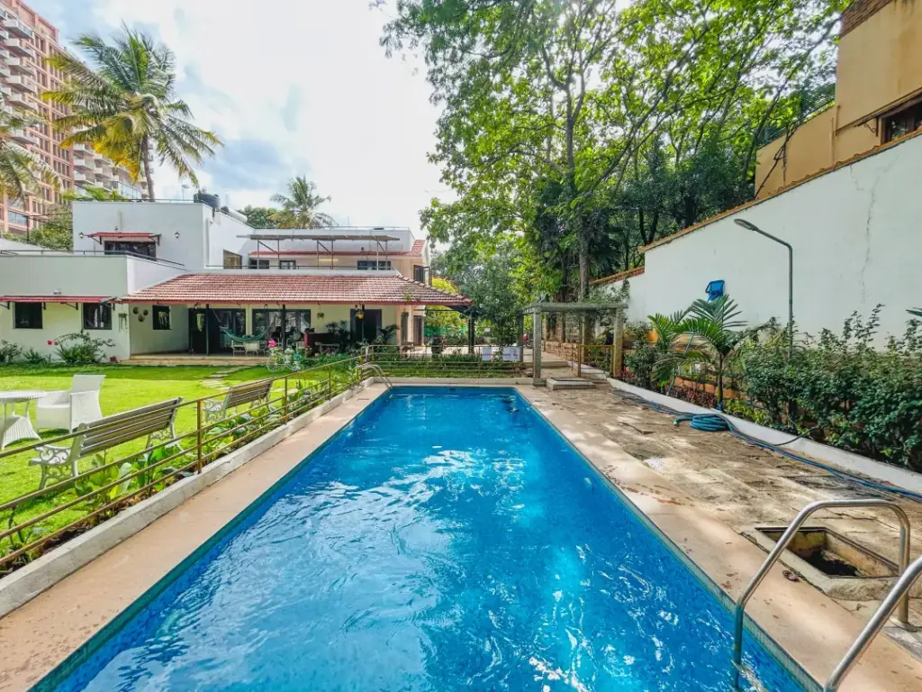 Festive poolside ambience at a private villa in Bengaluru during New Year’s Eve night