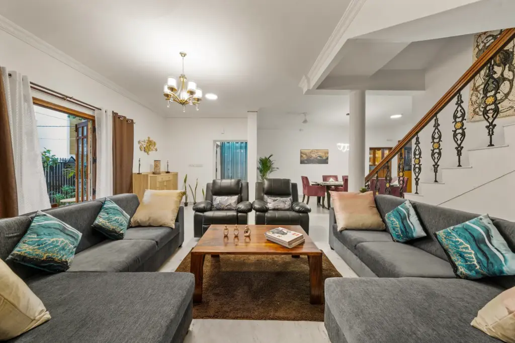 Beautiful living area inside a Spacez villa in Bengaluru designed for families and groups