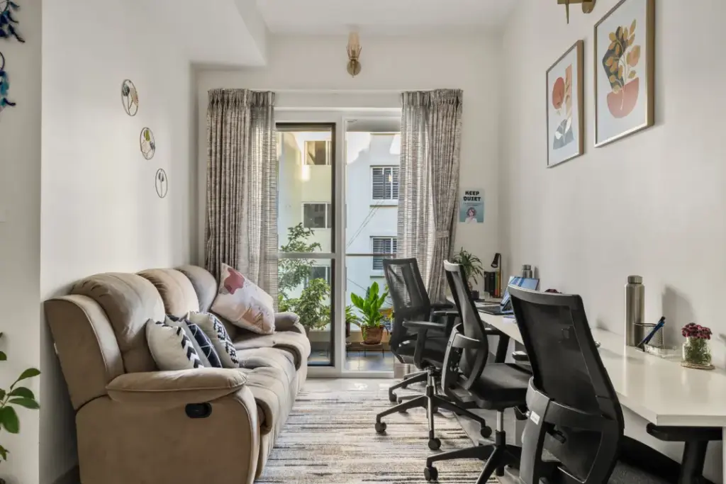 Minimalist serene workspace at Gatsby Grandeur with natural light and garden views designed for deep work and executive focus