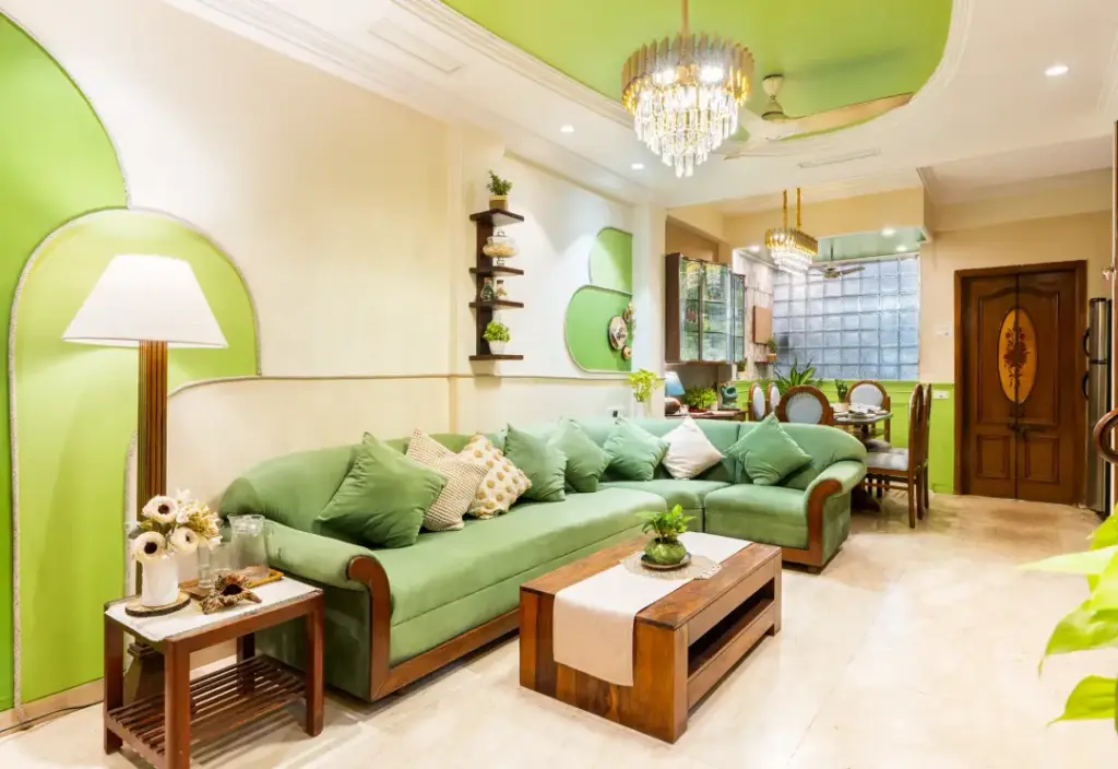 he "Green Room" lounge at Garden Veil, featuring botanical-themed decor and emerald tones designed to lower stress and promote deep relaxation.