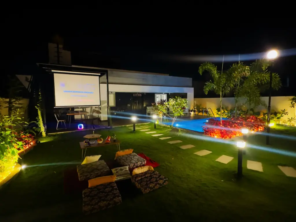 Lush, expansive private garden at Soul Club, Hosur Road, featuring manicured lawns and tropical plants—an ideal setting for a quiet Valentine’s morning.