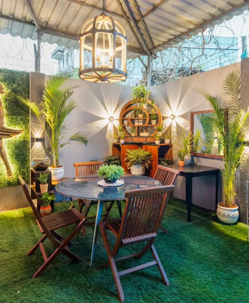 Private landscaped garden at Hilltop Hideaway villa, Mumbai.