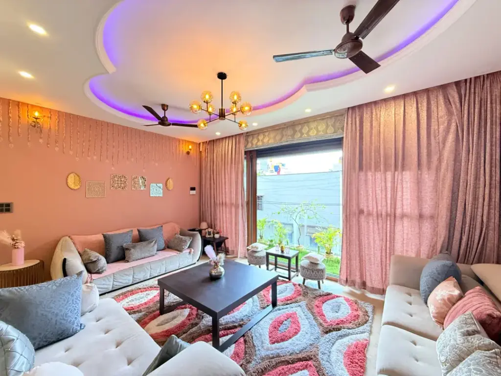 Vibrant colorful lounge area at Modern Mirage villa featuring bold interior design and eclectic seating for creative brainstorming