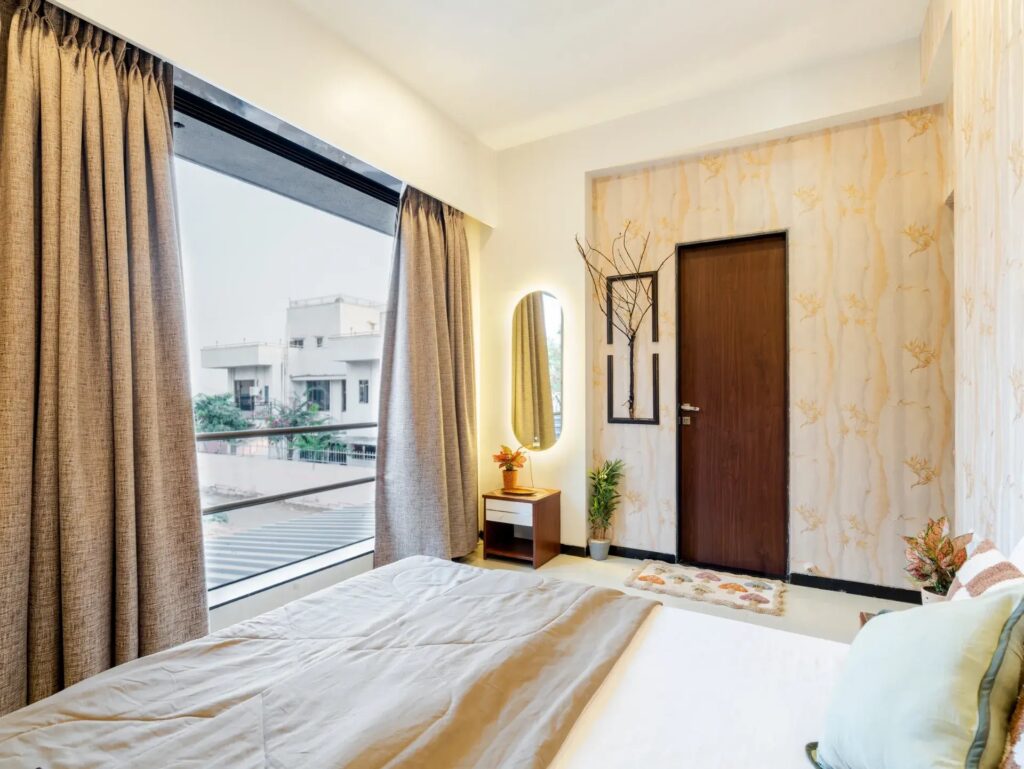 Bedroom at Hilltop Hideaway with a stunning outside view and a bright private stay atmosphere.