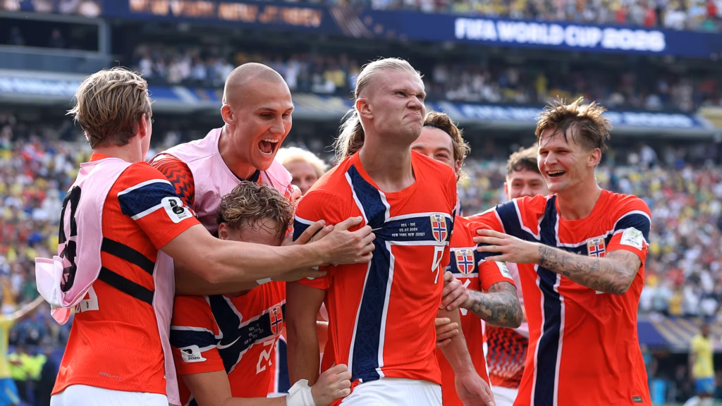 Erling Haaland leading the Viking Row celebration after eliminating Brazil from the 2026 FIFA World Cup.